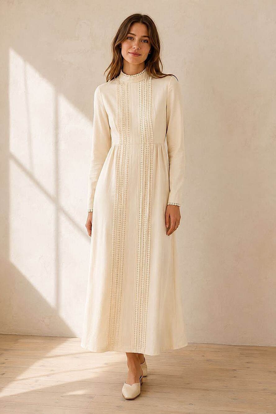 Vintage 1970s Cream Maxi Dress Crochet Trim High Neck Metal Zip Handmade XS EUC